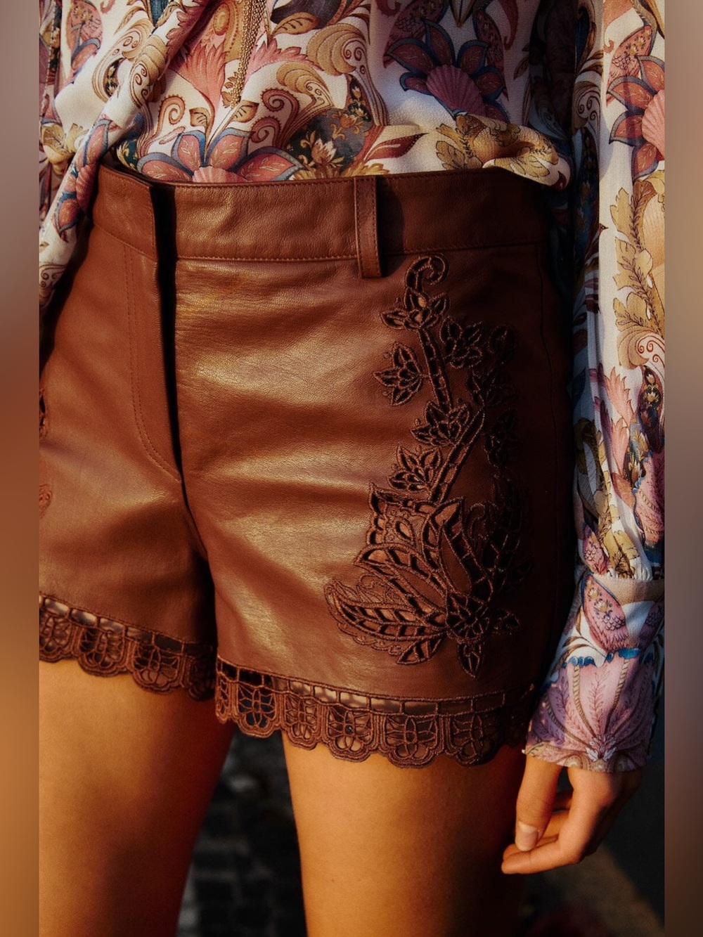 FARM RIO Caramel Richelieu Belt Loops Leather Shorts